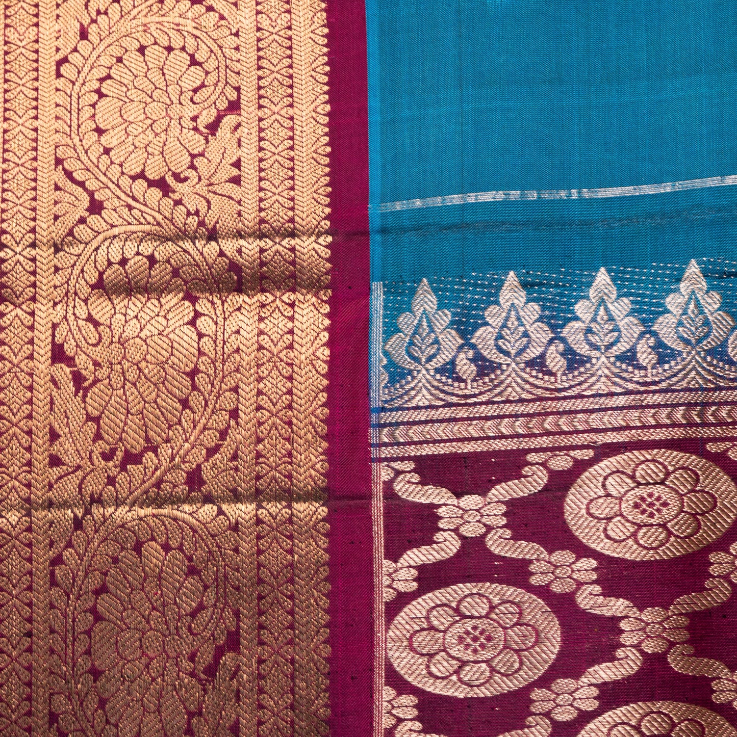 Pure Kanchipuram Steel blue & wine Saree with Skirt Border