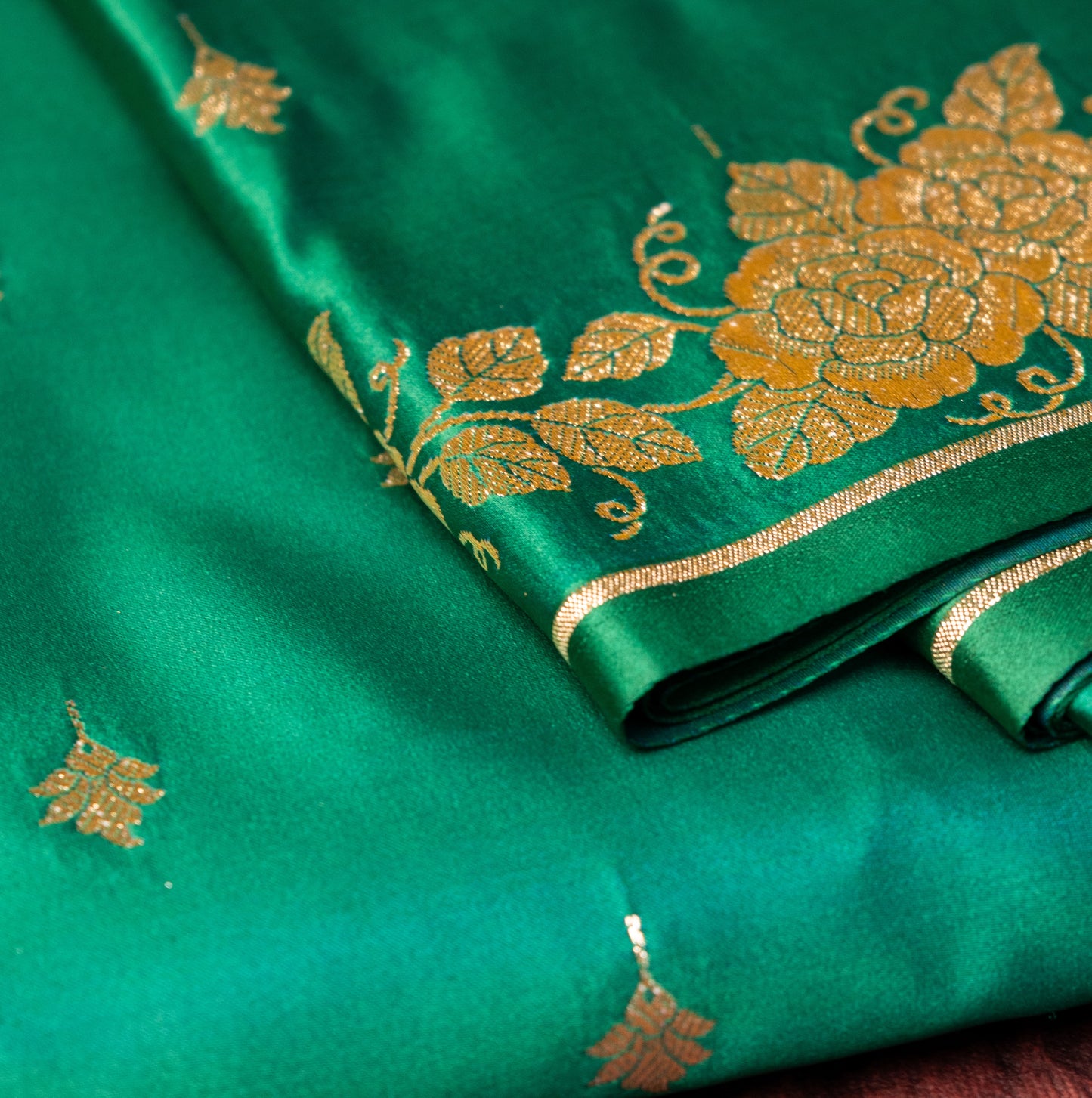 Bottle Green Shalu Saree with Golden Zari