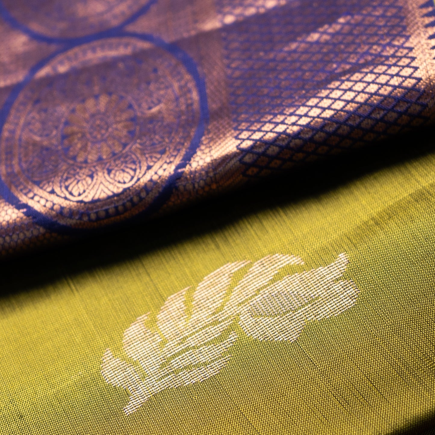Pure Kanchipuram Silk Saree in Yellow Greenish with Contrast Purple Border