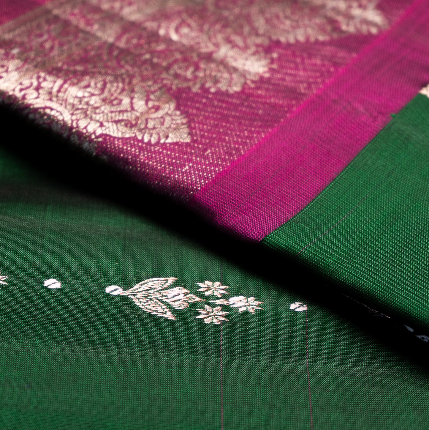 Pure Kanchipuram Dark Green Saree with Broad Border with Rani Pink Medium Border
