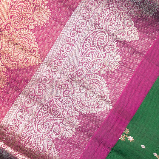 Pure Kanchipuram Dark Green Saree with Broad Border with Rani Pink Medium Border