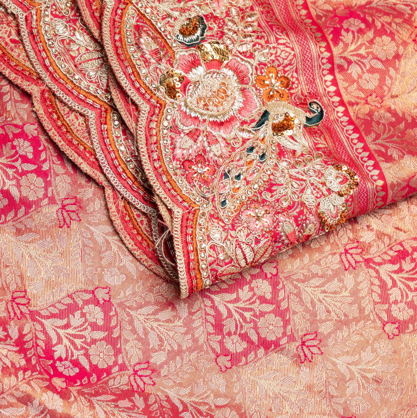 Designer Saree In Golden Pink with Moti Zari work