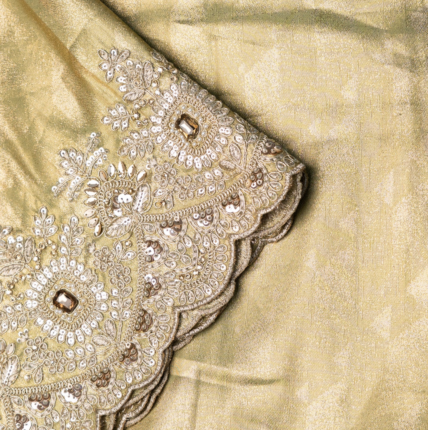 Pista Golden Designer Saree with Moti Tikli Work & Designer Blouse