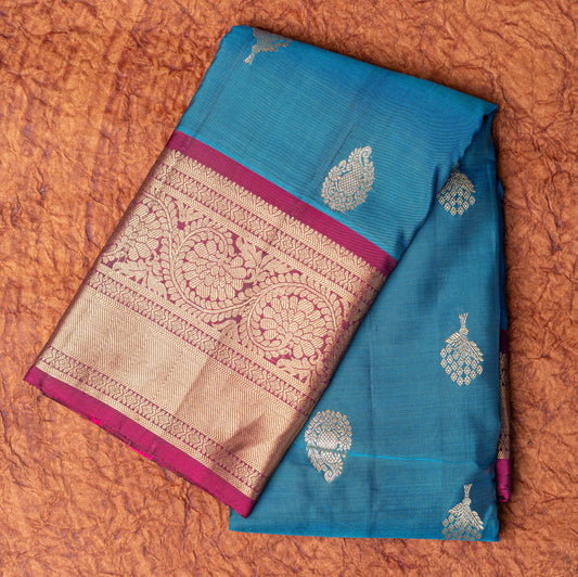 Pure Kanchipuram Steel blue & wine Saree with Skirt Border