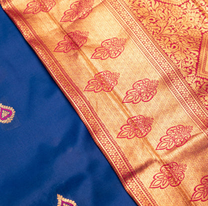 Dark Blue Gadwal Semi Silk Saree With Contrast Border