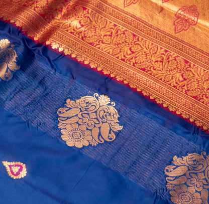 Dark Blue Gadwal Semi Silk Saree With Contrast Border