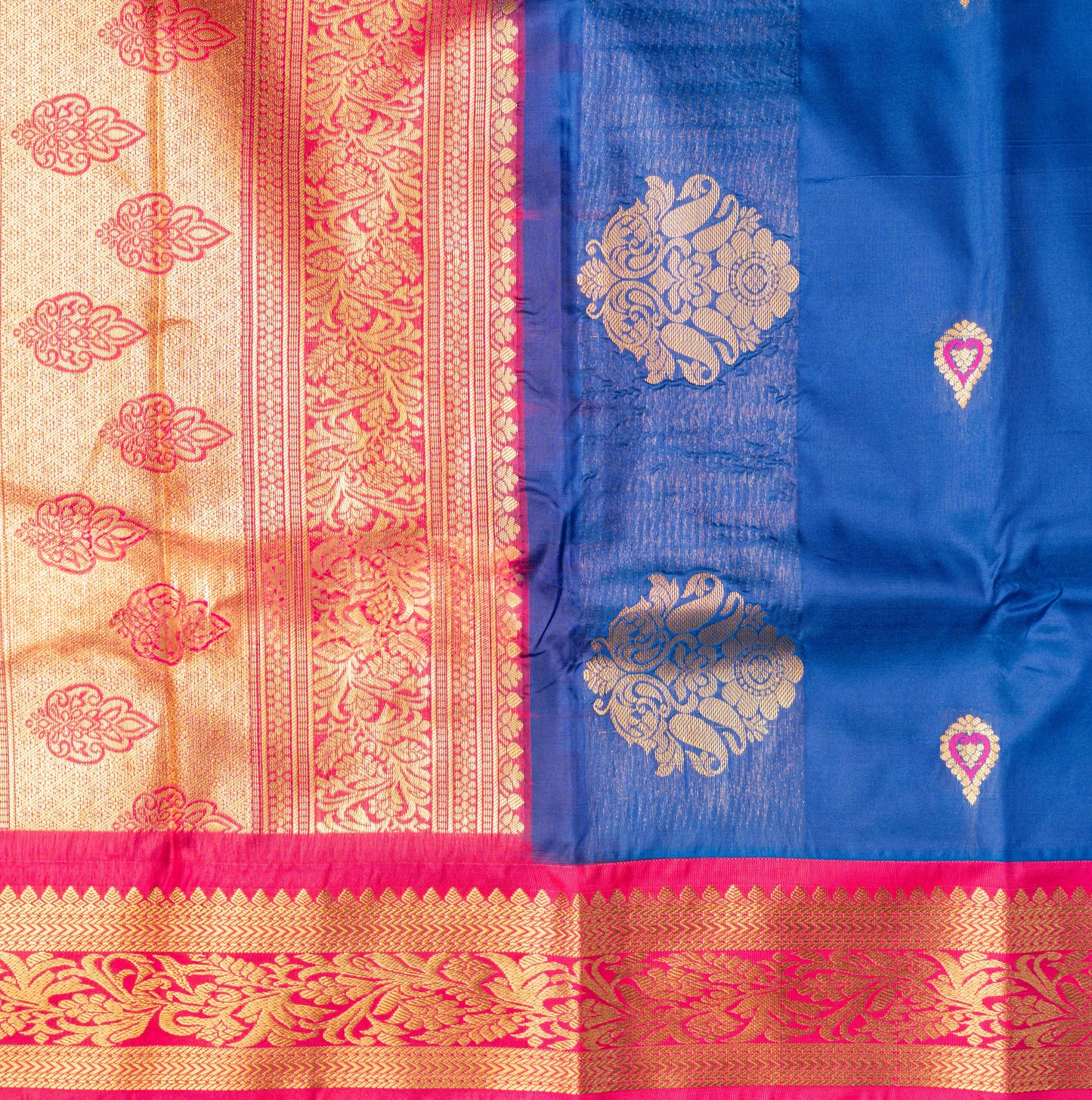Dark Blue Gadwal Semi Silk Saree With Contrast Border