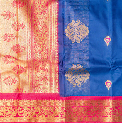 Dark Blue Gadwal Semi Silk Saree With Contrast Border