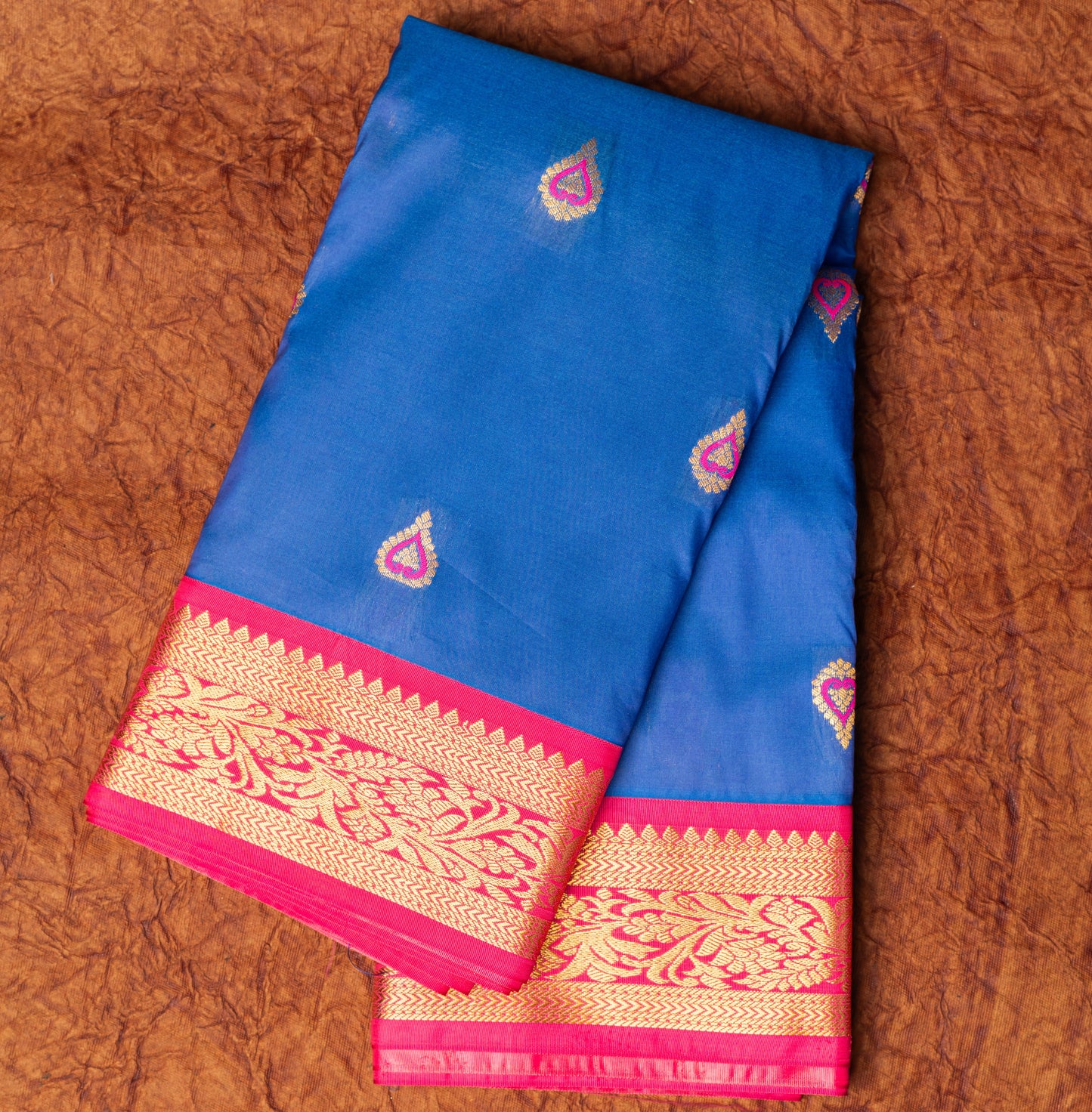 Dark Blue Gadwal Semi Silk Saree With Contrast Border