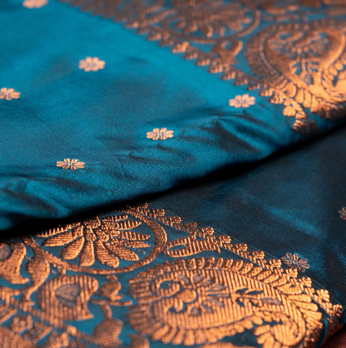 Peacock Blue Traditional Kath Padar Semi Silk Saree with Contract Border