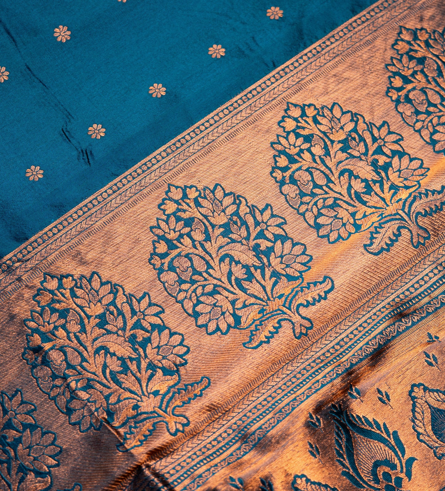 Peacock Blue Traditional Kath Padar Semi Silk Saree with Contract Border