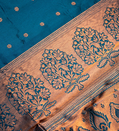 Peacock Blue Traditional Kath Padar Semi Silk Saree with Contract Border