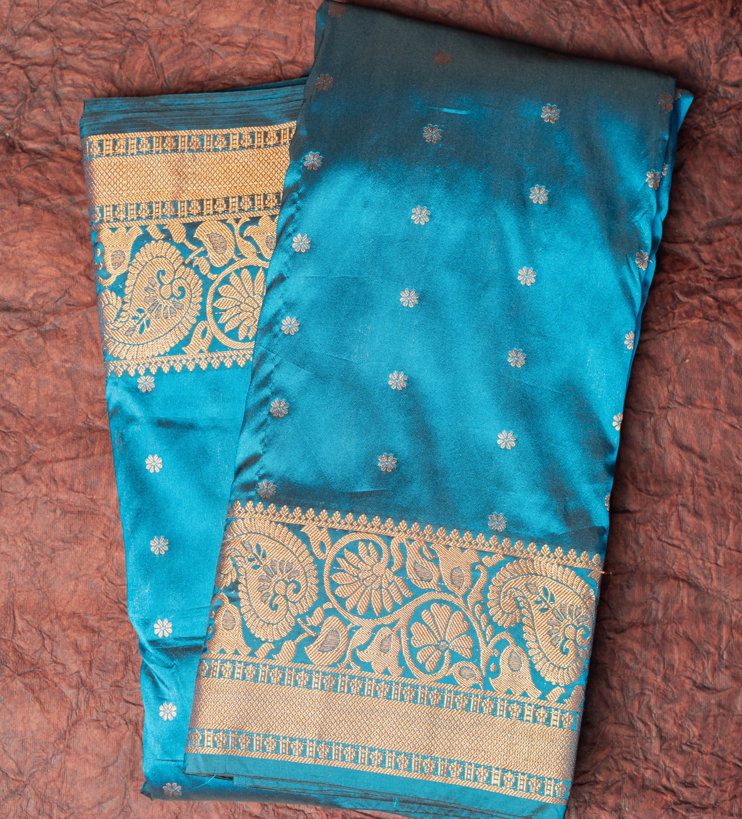 Peacock Blue Traditional Kath Padar Semi Silk Saree with Contract Border