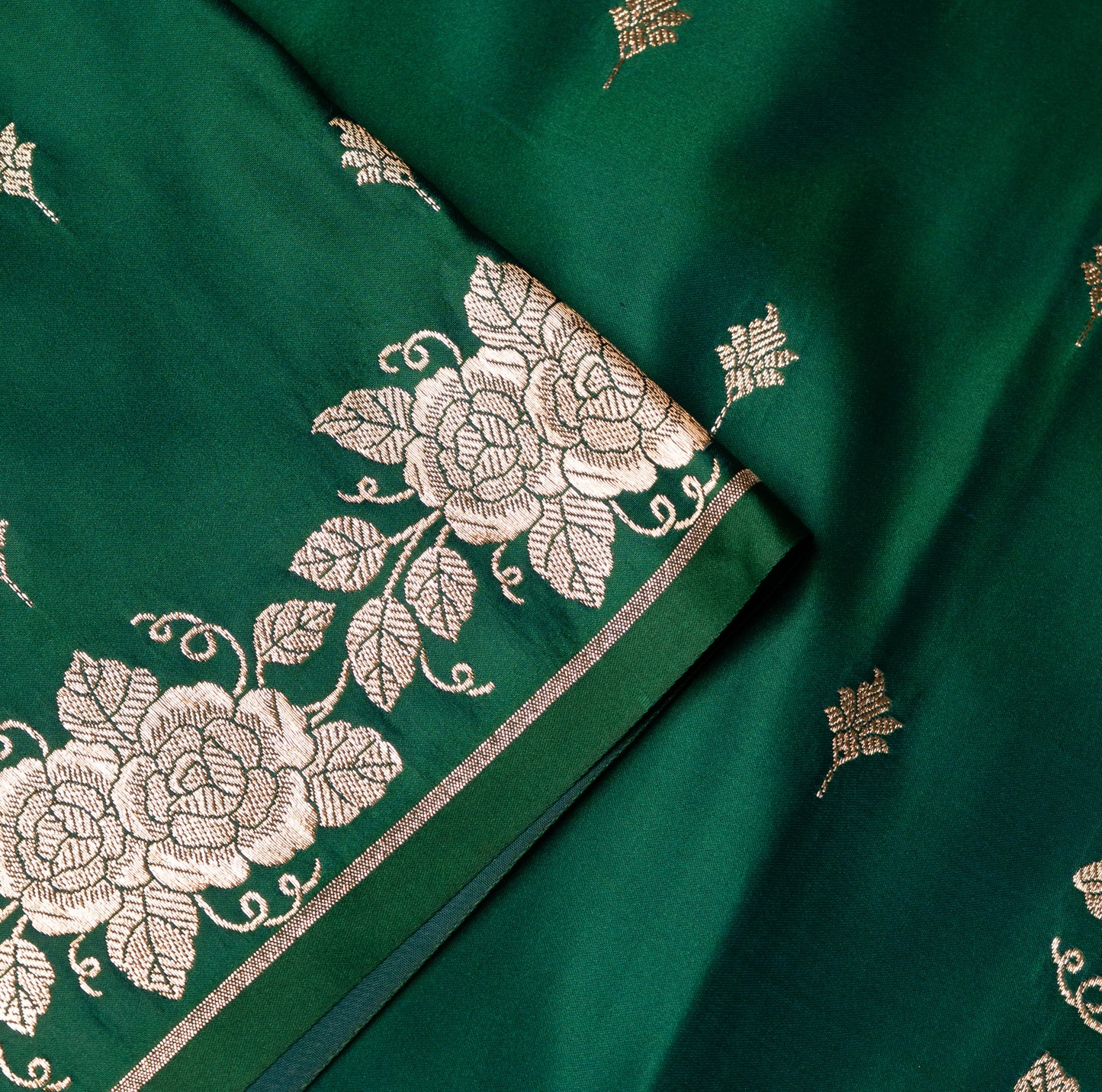 Bottle Green Shalu Saree with Golden Zari