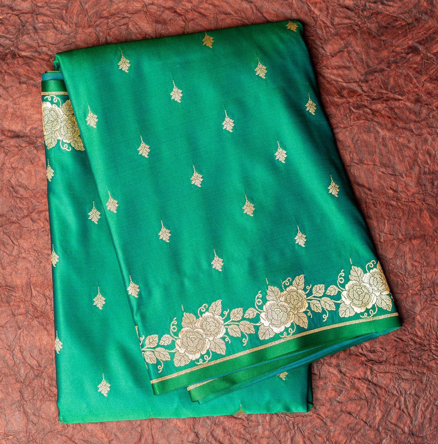 Bottle Green Shalu Saree with Golden Zari