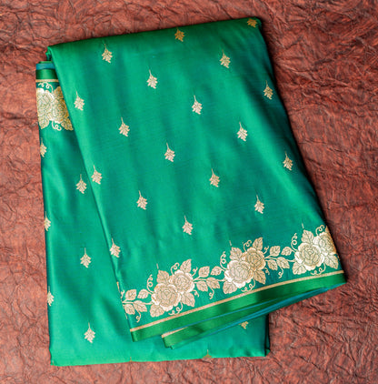 Bottle Green Shalu Saree with Golden Zari