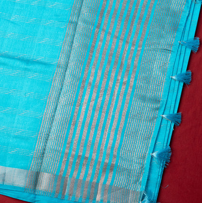 Blue Saree in Raw Silk with Lining pallu and Silver butta