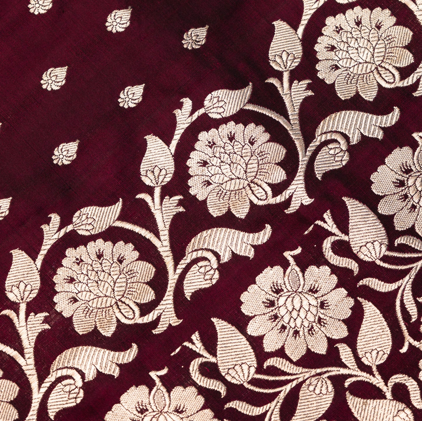 Wine Banarasi Shalu Saree with Silver Zari Dhaal butta