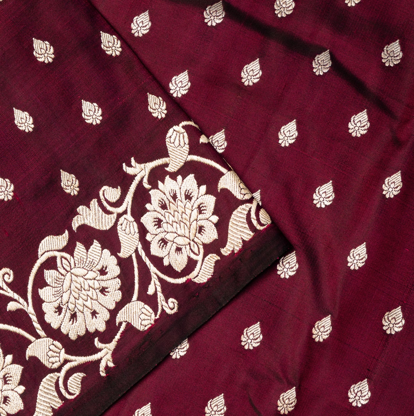 Wine Banarasi Shalu Saree with Silver Zari Dhaal butta