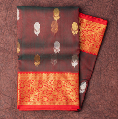 Chanderi Katan Silk Saree in Cross Brown with Medium Traditional Border