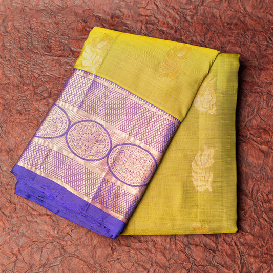 Pure Kanchipuram Silk Saree in Yellow Greenish with Contrast Purple Border