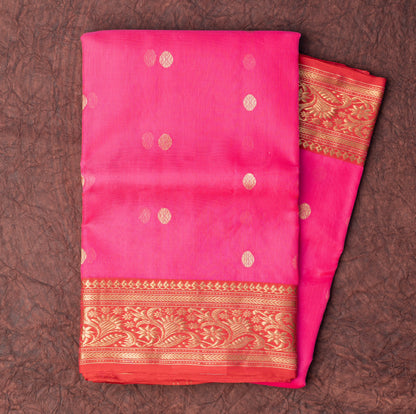 Chanderi Katan Silk Saree in Pink with Traditional Border