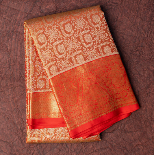 Pure Tissue Silk Saree in Orange Red with Red Border