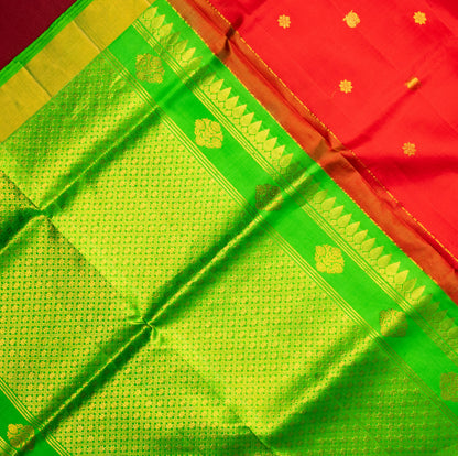 Pure Soft Silk Saree in Red and Green Color with Golden Patti Border