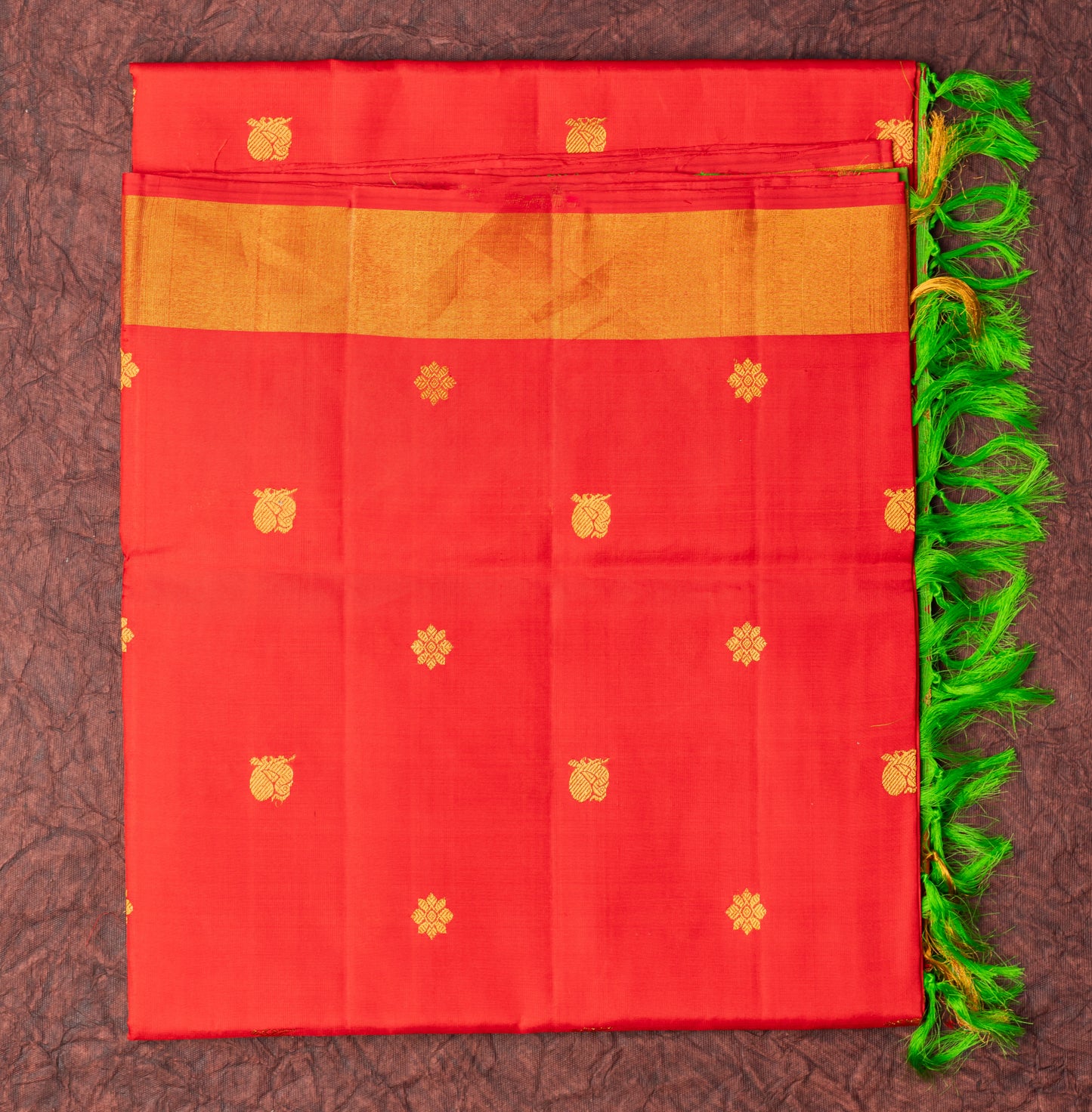 Pure Soft Silk Saree in Red and Green Color with Golden Patti Border