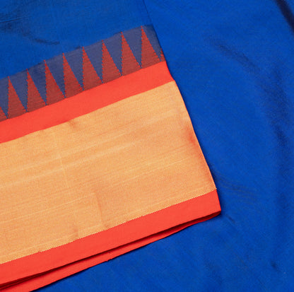 Pure Silk Saree in Royal Blue and Red Color with Temple Border