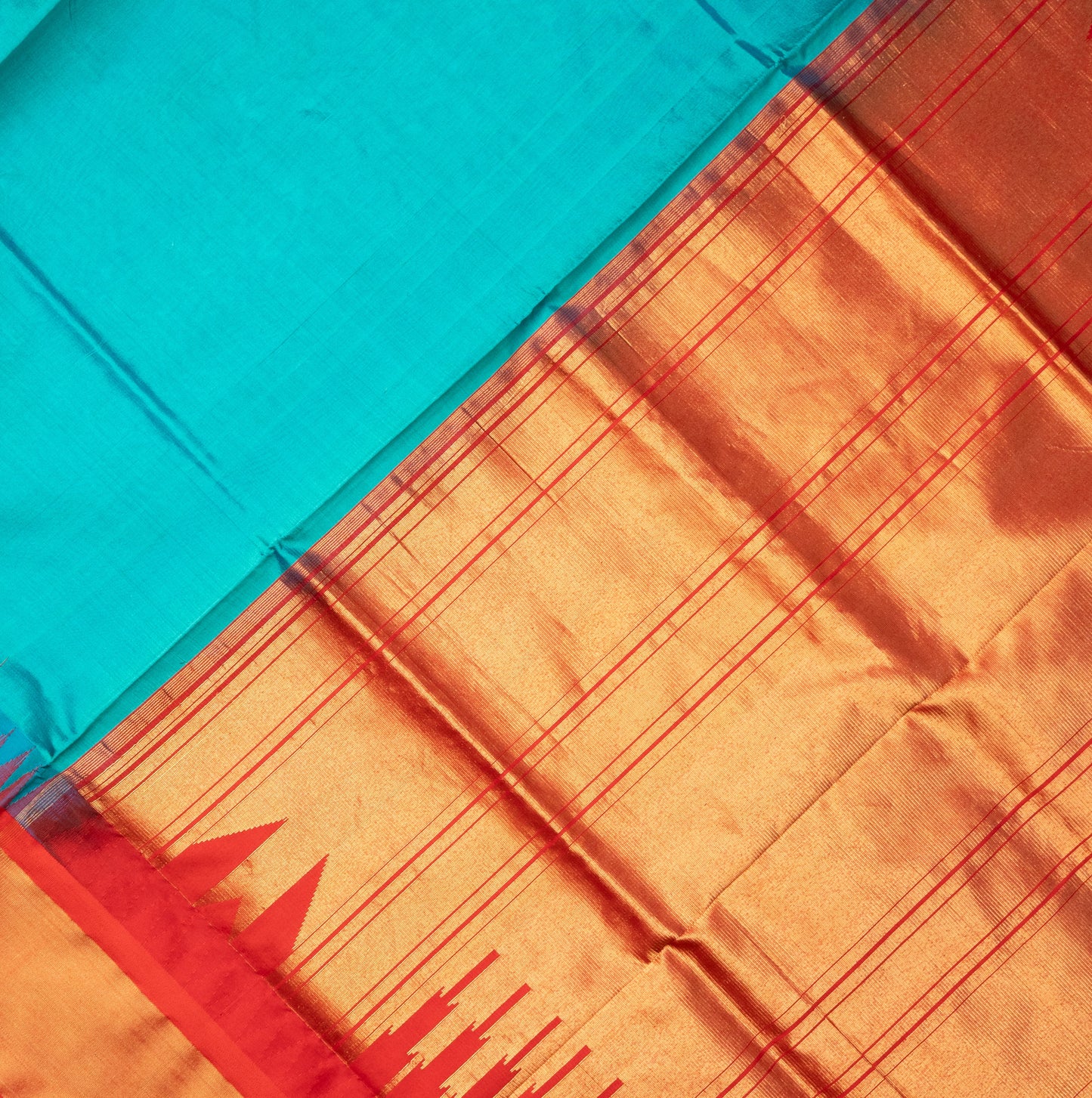 Pure Silk Saree in Pista Red Color with Temple Border