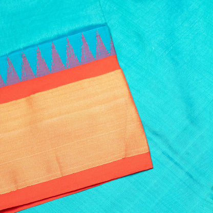 Pure Silk Saree in Pista Red Color with Temple Border