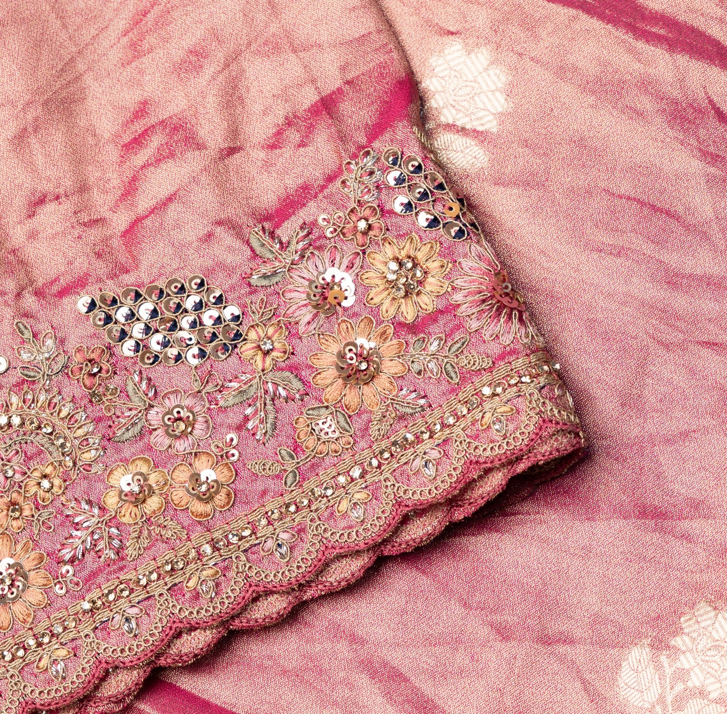 Fancy Work Designer Saree In Peach With Shimmer Design