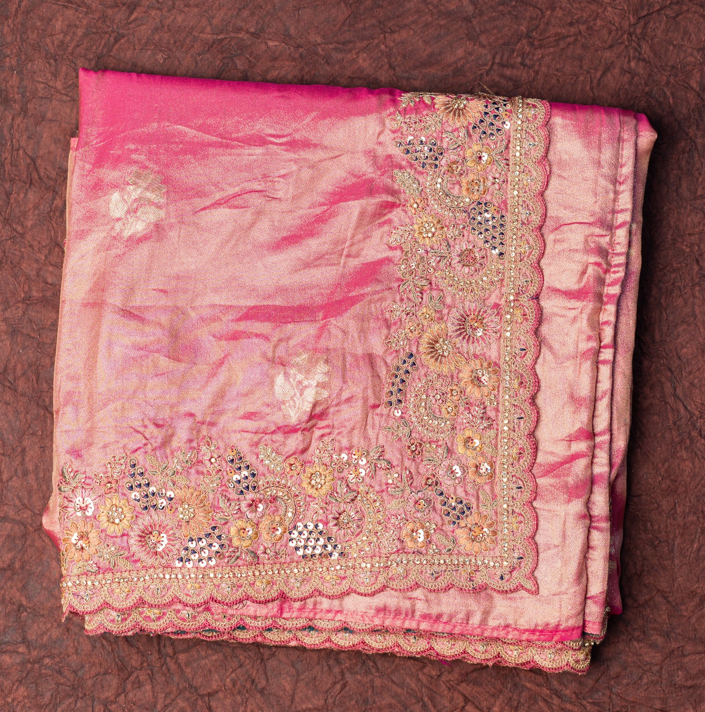 Fancy Work Designer Saree In Peach With Shimmer Design