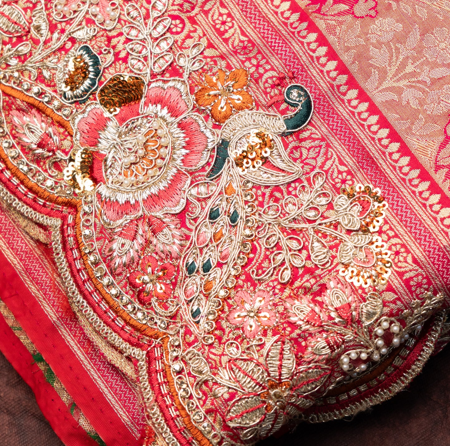 Designer Saree In Golden Pink with Moti Zari work