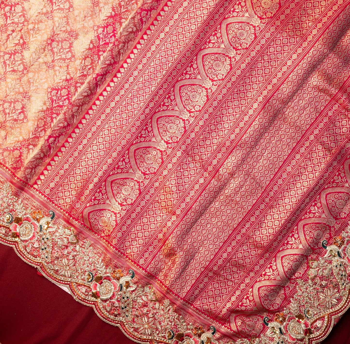 Designer Saree In Golden Pink with Moti Zari work