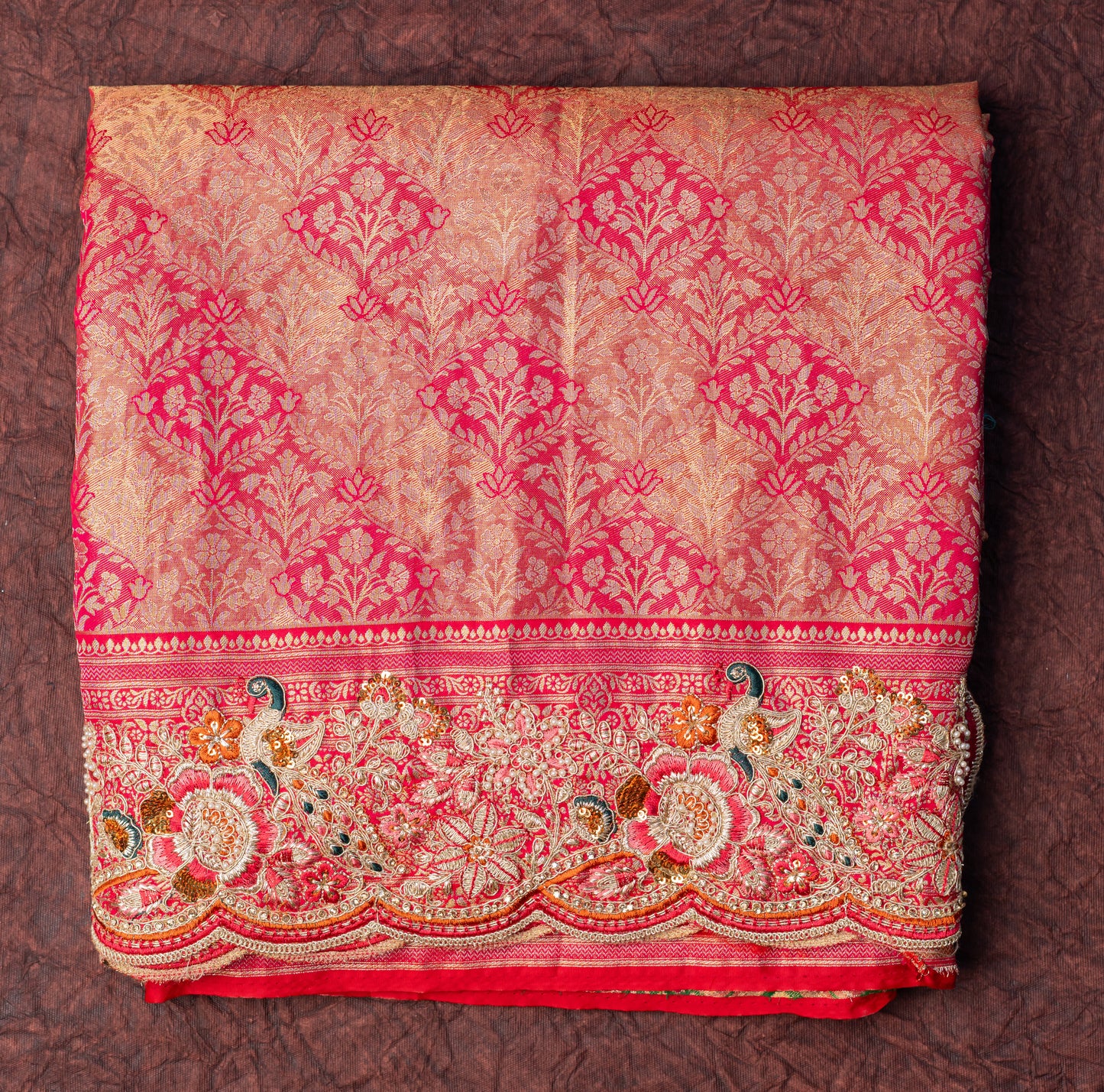 Designer Saree In Golden Pink with Moti Zari work