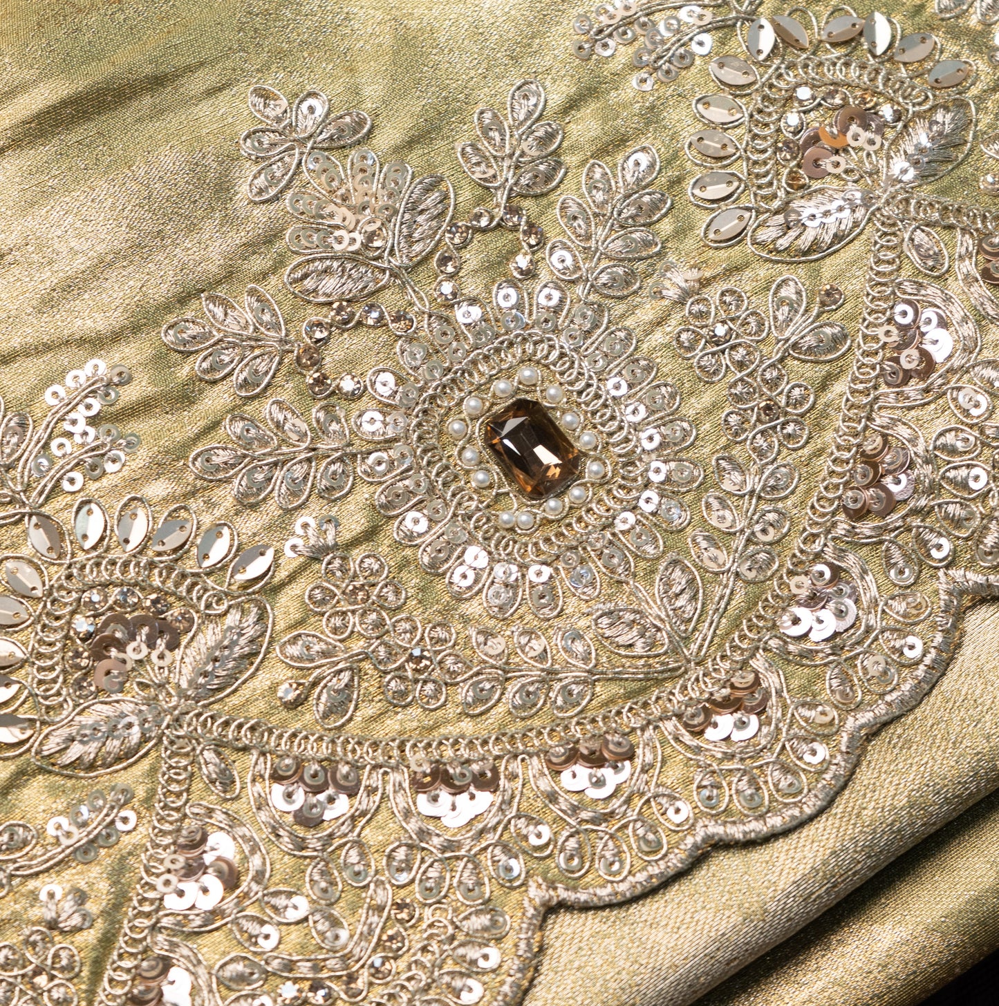 Pista Golden Designer Saree with Moti Tikli Work & Designer Blouse