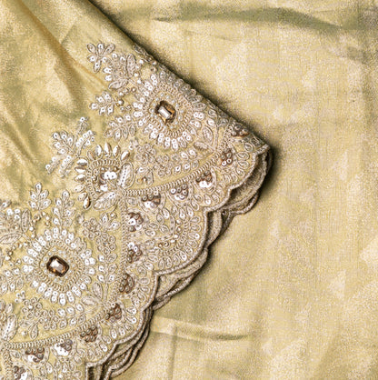 Pista Golden Designer Saree with Moti Tikli Work & Designer Blouse