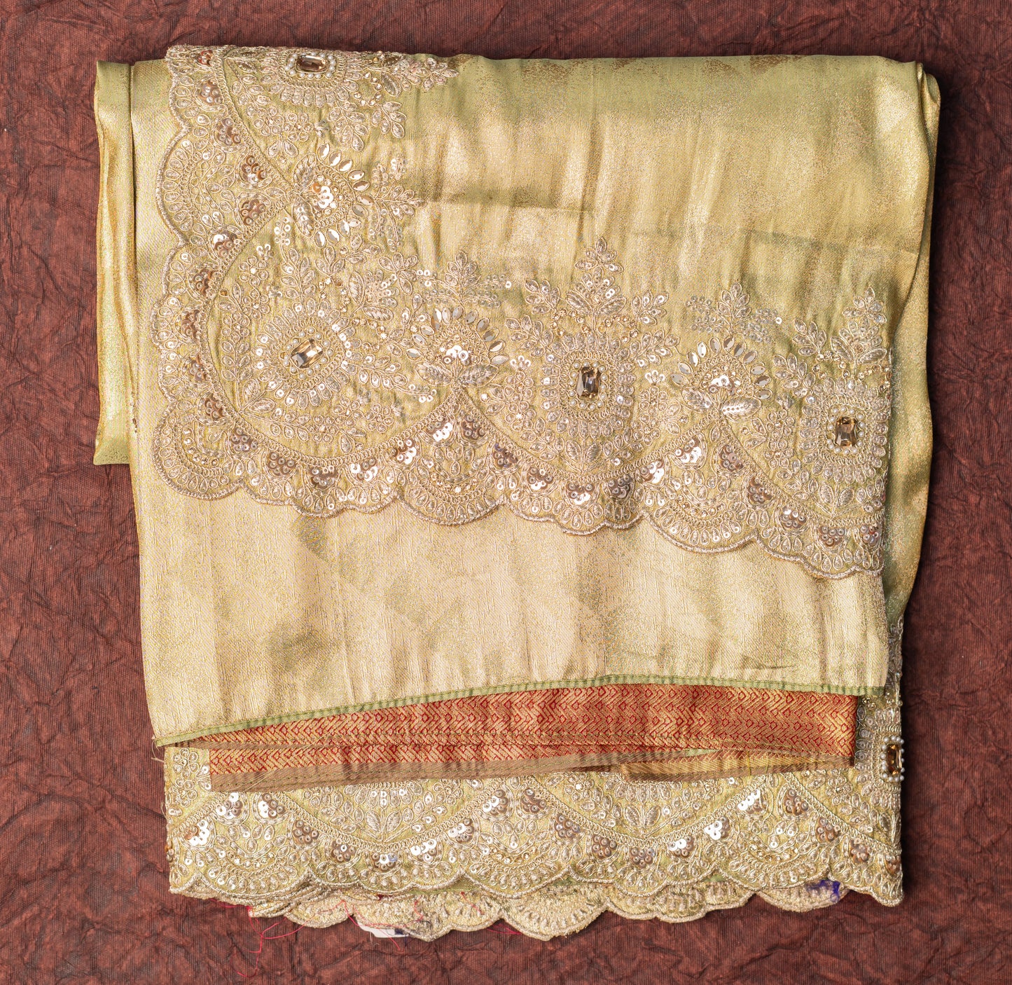 Pista Golden Designer Saree with Moti Tikli Work & Designer Blouse