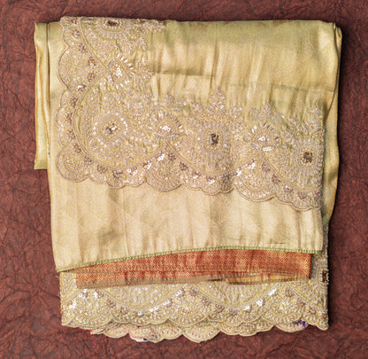Pista Golden Designer Saree with Moti Tikli Work & Designer Blouse