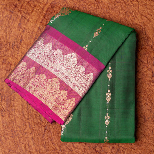 Pure Kanchipuram Dark Green Saree with Broad Border with Rani Pink Medium Border